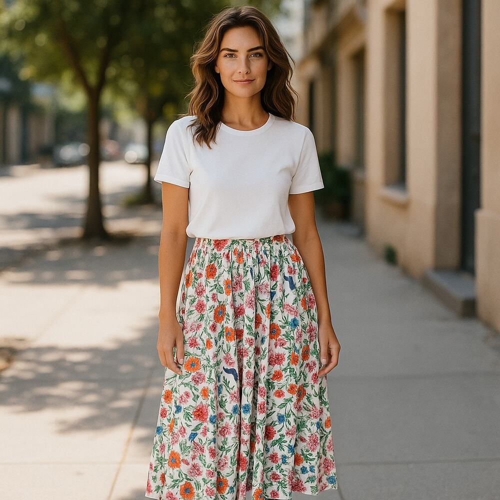 Cupio Womens Skirt Sz M White Floral Colorful Butterflies Flowers Silky Maxi NEW
